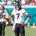 Houston Texans quarterback C.J. Stroud (7) reacts after an interception in the 4th quarter against the Jacksonville Jaguars at EverBank Stadium.