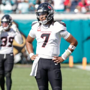 Houston Texans quarterback C.J. Stroud (7) reacts after an interception in the 4th quarter against the Jacksonville Jaguars at EverBank Stadium.