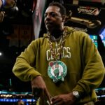 Boston Celtics former player Paul Pierce looks into a video camera on the court before game two of the 2024 NBA Finals between the Boston Celtics and the Dallas Mavericks at TD Garden.
