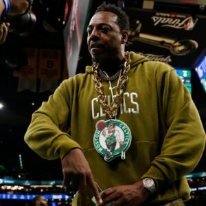 Boston Celtics former player Paul Pierce looks into a video camera on the court before game two of the 2024 NBA Finals between the Boston Celtics and the Dallas Mavericks at TD Garden.