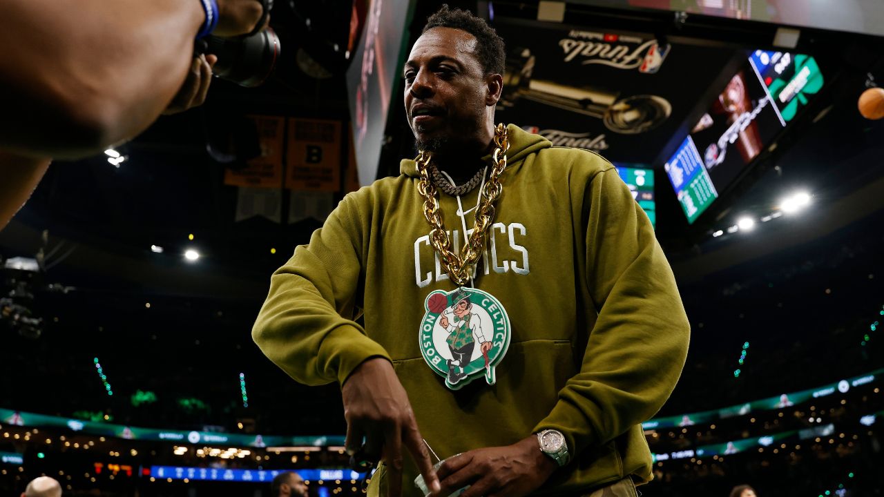 Boston Celtics former player Paul Pierce looks into a video camera on the court before game two of the 2024 NBA Finals between the Boston Celtics and the Dallas Mavericks at TD Garden.