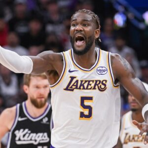 Oct 26, 2025; Sacramento, California, USA; Los Angeles Lakers center Deandre Ayton (5) reacts to a call during the fourth quarter of the game against the Sacramento Kings at Golden 1 Center.