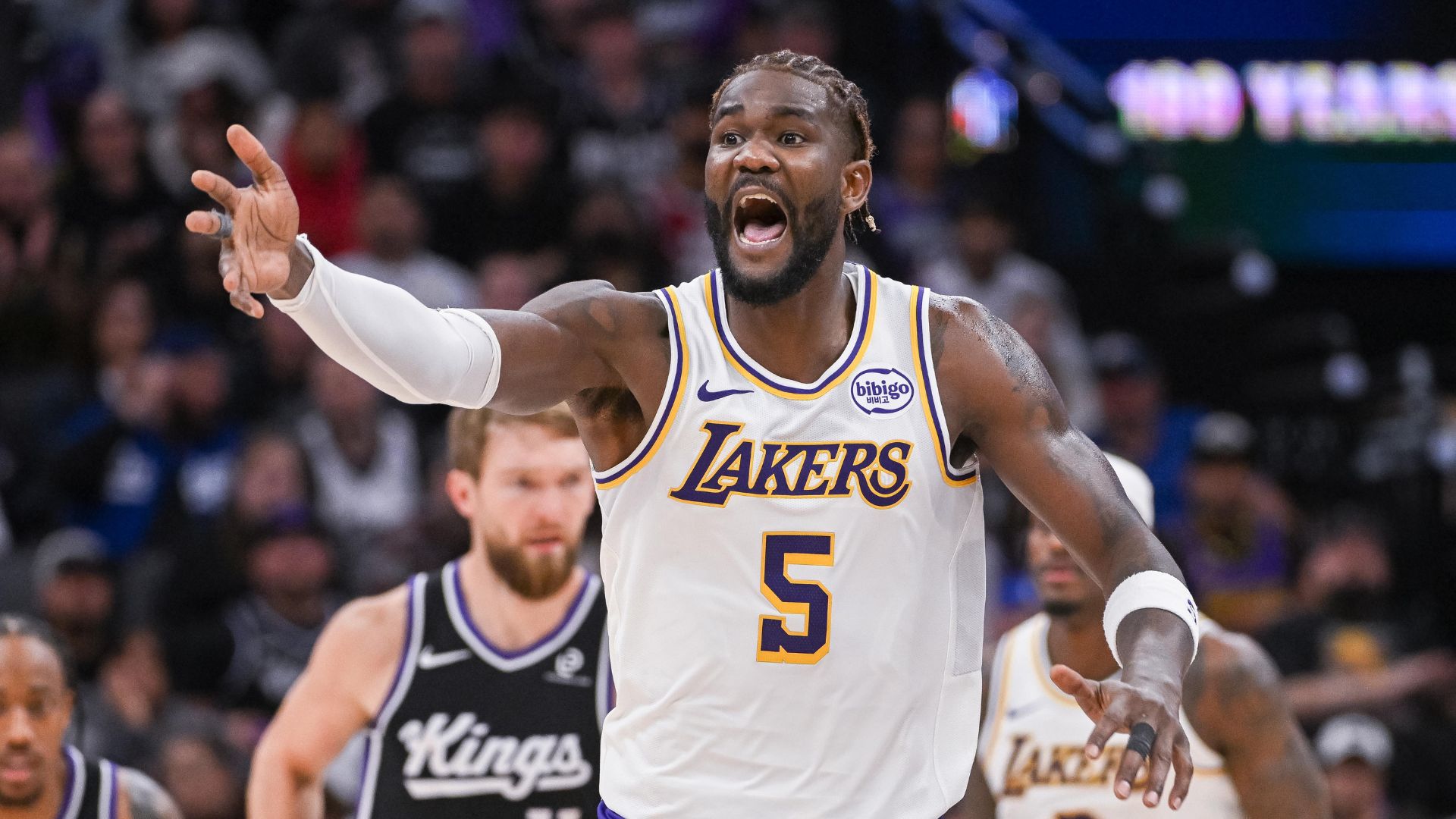 Oct 26, 2025; Sacramento, California, USA; Los Angeles Lakers center Deandre Ayton (5) reacts to a call during the fourth quarter of the game against the Sacramento Kings at Golden 1 Center.