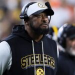 Pittsburgh Steelers head coach Mike Tomlin looks up at the video scoreboard during the second half against the Cincinnati Bengals at Paycor Stadium.