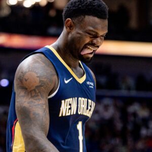 Oct 24, 2025; New Orleans, Louisiana, USA; New Orleans Pelicans forward Zion Williamson (1) against the San Antonio Spurs during the first half at Smoothie King Center