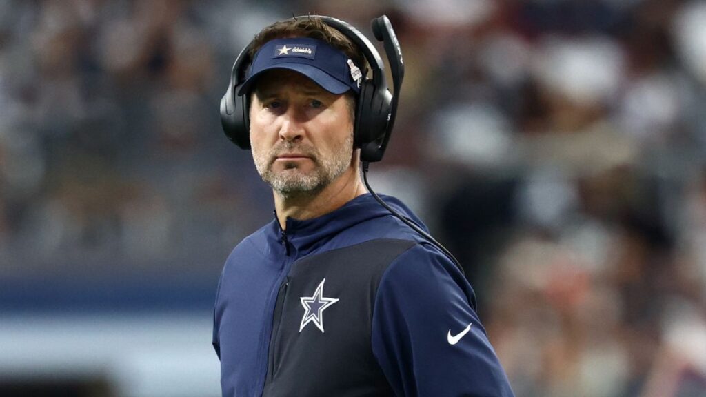 Dallas Cowboys head coach Brian Schottenheimer looks on prior to the game against the Washington Commanders at AT&T Stadium.