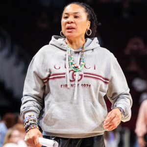 Nov 23, 2025; Columbia, South Carolina, USA; South Carolina Gamecocks head coach Dawn Staley directs her team against the Queens Royals in the second half at Colonial Life Arena.