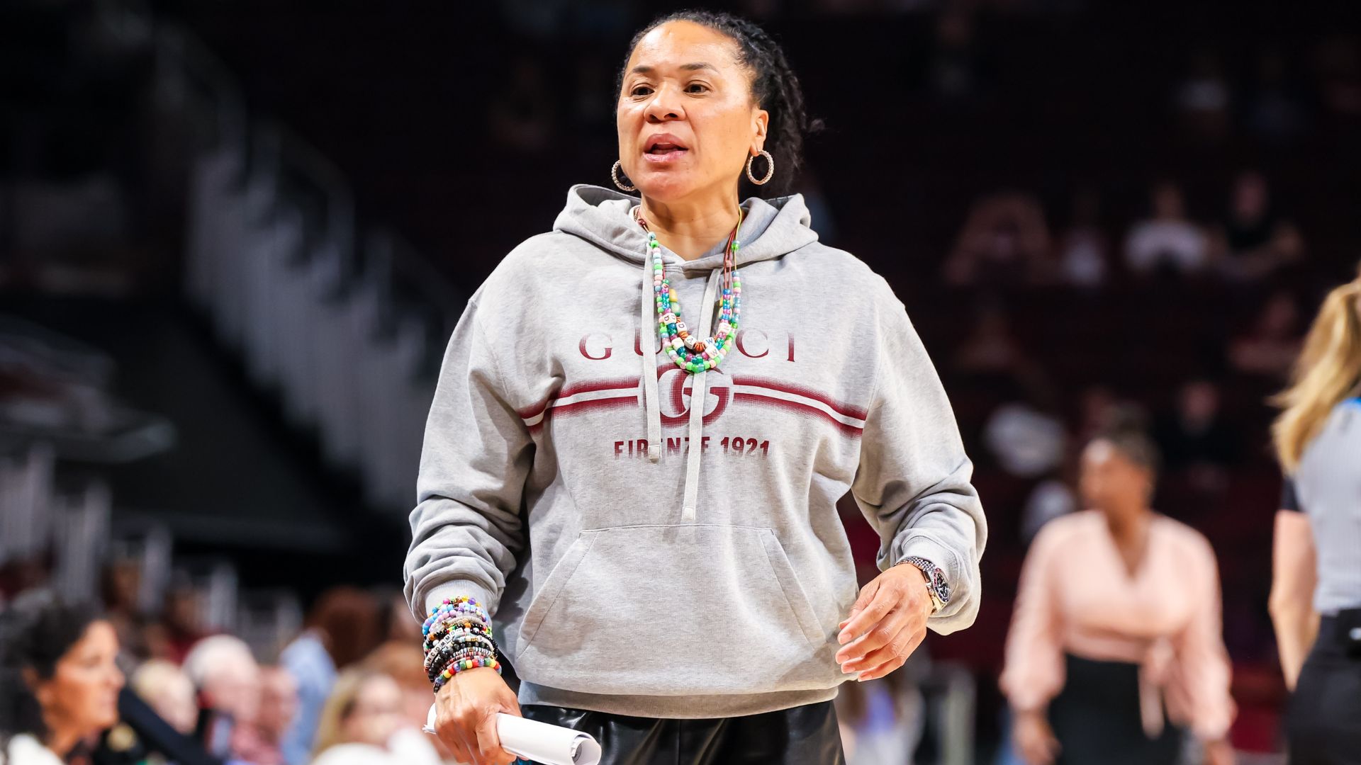 Nov 23, 2025; Columbia, South Carolina, USA; South Carolina Gamecocks head coach Dawn Staley directs her team against the Queens Royals in the second half at Colonial Life Arena.
