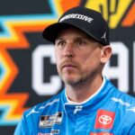 Oct 30, 2025; Avondale, Arizona, USA; NASCAR Cup Series driver Denny Hamlin during Championship Four media day at Phoenix Raceway