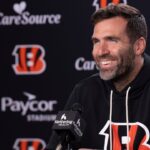 Bengals quarterback Joe Flacco smiles during a press conference at Paycor Stadium in Cincinnati on Oct. 14, 2025.
