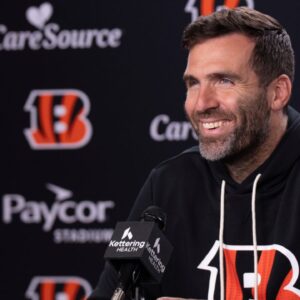 Bengals quarterback Joe Flacco smiles during a press conference at Paycor Stadium in Cincinnati on Oct. 14, 2025.