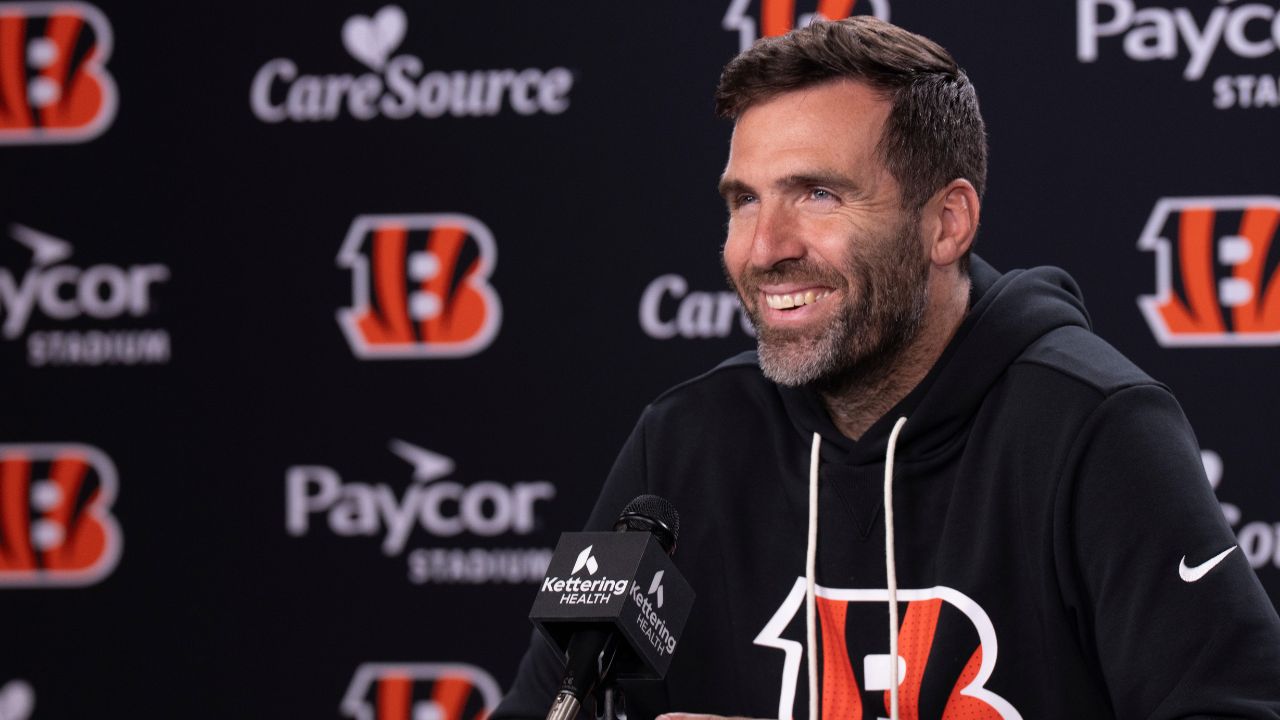 Bengals quarterback Joe Flacco smiles during a press conference at Paycor Stadium in Cincinnati on Oct. 14, 2025.