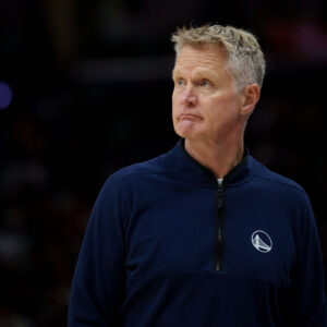 Nov 16, 2025; New Orleans, Louisiana, USA; Golden State Warriors head coach Steve Kerr reacts during the first half against the New Orleans Pelicans at Smoothie King Center.