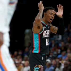 Nov 9, 2025; Memphis, Tennessee, USA; Memphis Grizzlies guard Ja Morant (12) reacts during the fourth quarter against the Oklahoma City Thunder at FedExForum. Mandatory Credit: Petre Thomas-Imagn Images