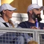 Kylie Kelce (left) and Jason Kelce (right) look on during the game between Portugal and the United States at Subaru Park.