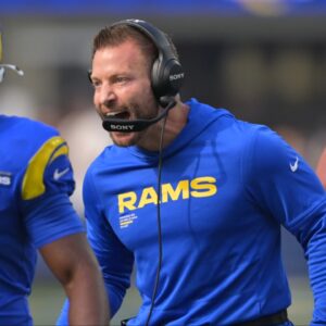 Los Angeles Rams head coach Sean McVay reacts after a touchdown by his team against the New Orleans Saints during the first half at SoFi Stadium.