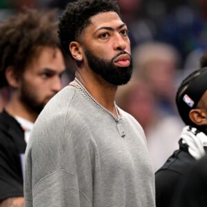 Nov 19, 2025; Dallas, Texas, USA; Dallas Mavericks forward Anthony Davis (3) looks on from the bench during the second half against the New York Knicks at the American Airlines Center.