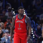 Nov 2, 2025; Oklahoma City, Oklahoma, USA; New Orleans Pelicans forward Zion Williamson (1) reacts after a call against him following a play against the Oklahoma City Thunder during the second quarter at Paycom Center. Mandatory Credit: Alonzo Adams-Imagn Images