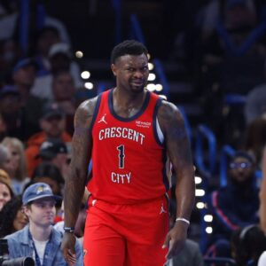 Nov 2, 2025; Oklahoma City, Oklahoma, USA; New Orleans Pelicans forward Zion Williamson (1) reacts after a call against him following a play against the Oklahoma City Thunder during the second quarter at Paycom Center. Mandatory Credit: Alonzo Adams-Imagn Images