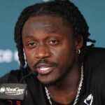 Philadelphia Eagles wide receiver A.J. Brown (11) addresses media during training camp at NovaCare Complex.