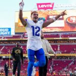 Los Angeles Rams wide receiver Puka Nacua (12) celebrates after the game against the San Francisco 49ers at Levi's Stadium.