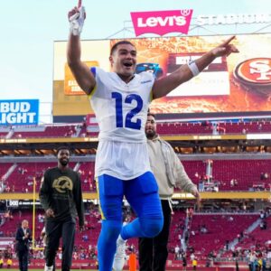 Los Angeles Rams wide receiver Puka Nacua (12) celebrates after the game against the San Francisco 49ers at Levi's Stadium.