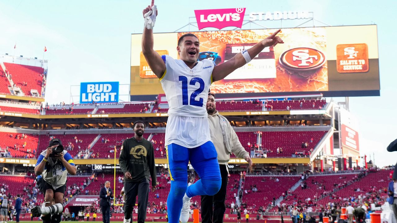 Los Angeles Rams wide receiver Puka Nacua (12) celebrates after the game against the San Francisco 49ers at Levi's Stadium.