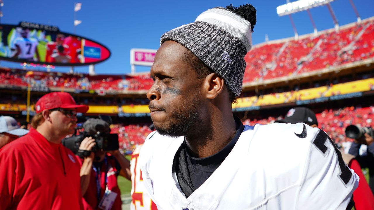 Las Vegas Raiders quarterback Geno Smith (7) looks on after the game against the Kansas City Chiefs at GEHA Field at Arrowhead Stadium.
