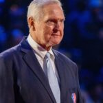 February 20, 2022; Cleveland, Ohio, USA; NBA great Jerry West is honored for being selected to the NBA 75th Anniversary Team during halftime in the 2022 NBA All-Star Game at Rocket Mortgage FieldHouse.