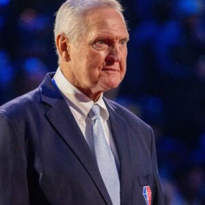 February 20, 2022; Cleveland, Ohio, USA; NBA great Jerry West is honored for being selected to the NBA 75th Anniversary Team during halftime in the 2022 NBA All-Star Game at Rocket Mortgage FieldHouse.