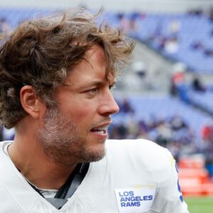 Los Angeles Rams quarterback Matthew Stafford (9) looks on prior to the game against the Baltimore Ravens at M&T Bank Stadium.