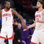 Houston Rockets forward Kevin Durant (7) reacts with center Alperen Sengun (28) after a play during the third quarter against the Utah Jazz at Toyota Center.