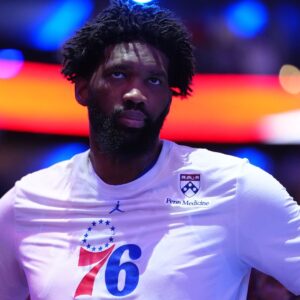 Oct 31, 2025; Philadelphia, Pennsylvania, USA; Philadelphia 76ers center Joel Embiid (21) looks on before the game against the Boston Celtics at Xfinity Mobile Arena
