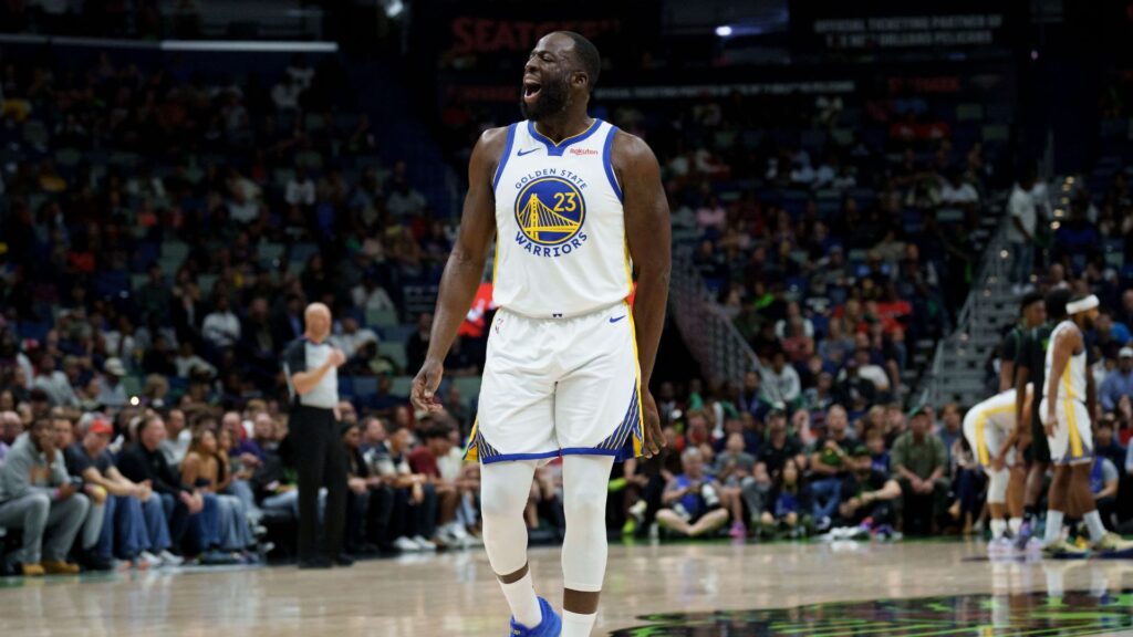 Nov 16, 2025; New Orleans, Louisiana, USA; Golden State Warriors forward Draymond Green (23) shouts “Angel Reese” after missing several shots in a row and rebounding them himself during the first half against the New Orleans Pelicans at Smoothie King Center.