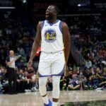 Nov 16, 2025; New Orleans, Louisiana, USA; Golden State Warriors forward Draymond Green (23) shouts “Angel Reese” after missing several shots in a row and rebounding them himself during the first half against the New Orleans Pelicans at Smoothie King Center.