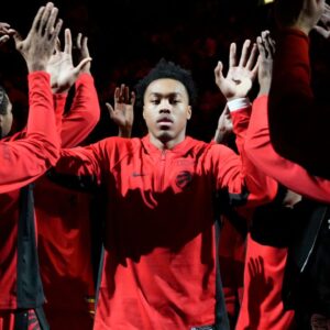 Toronto Raptors guard Scottie Barnes (4) comes onto the court for player introductions before the start of the game against the Cleveland Cavaliers at Scotiabank Arena