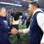 New England Patriots head coach Bill Belichick shakes hands with Tennessee Titans head coach Mike Vrabel after the Patriots lost to the Titans at Gillette Stadium.