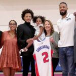 Jul 30, 2021; Detroit, Michigan, USA; Ashton Bennings cousin,, Kaylyn Cunningham sister, Cade Cunningham his daughter Riley, mom Carrie Cunningham dad Keith Cunningham Detroit Pistons after the press conference Friday, July 30, 2021. Mandatory credit: Kirthmon F. Dozier/Detroit Free Press via USA TODAY NETWORK