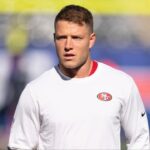 San Francisco 49ers running back Christian McCaffrey (23) warms up before a week 9 game between New York Giants and San Francisco 49ers at MetLife Stadium on Sunday, Nov. 2, 2025.
