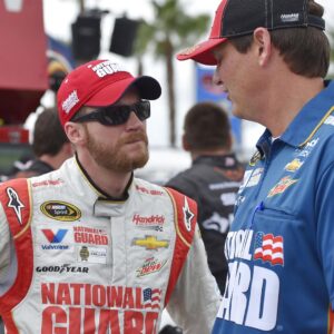 Jul 6, 2014; Daytona Beach, FL, USA; NASCAR Sprint Cup Series driver Dale Earnhardt Jr. And NASCAR crew chief Steve Letarte before the Coke Zero 400 at Daytona International Speedway.