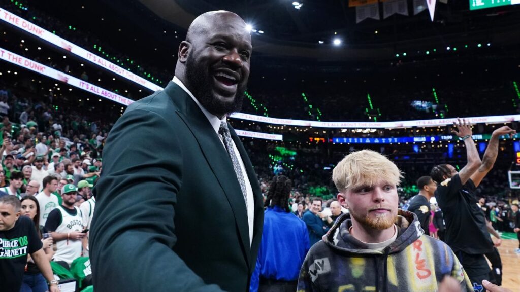 Shaquille O'Neal greets fans before the game between the Boston Celtics and the Dallas Mavericks in game one of the 2024 NBA Finals at TD Garden