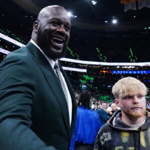 Shaquille O'Neal greets fans before the game between the Boston Celtics and the Dallas Mavericks in game one of the 2024 NBA Finals at TD Garden