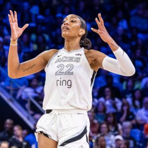 July 27, 2025, Arlington, Texas, USA: Las Vegas Aces center AJA WILSON (22) reacts to a missed shot during a WNBA, Basketball Damen, USA game between the Las Vegas Aces and Dallas Wings at College Park Center.