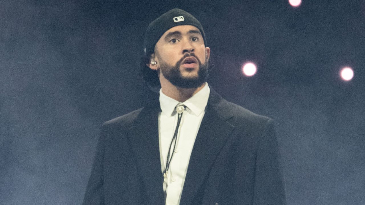Bad Bunny looks towards the fans on stage during his “Most Wanted Tour” at Bridgestone Arena in Nashville, Tenn., Saturday, May 11, 2024.