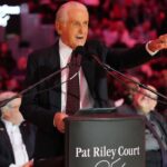 Miami Heat president Pat Riley addresses the crowd during the Pat Riley Court dedication ceremony at halftime at Kaseya Center