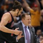 Feb 19, 2014; Toronto, Ontario, CAN; Chicago Bulls center Joakim Noah (13) talks to head coach Tom Thibodeau against the Toronto Raptors at Air Canada Centre. The Bulls beat the Raptors 94-92