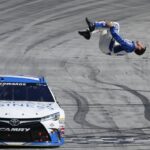 April 17, 2015: Carl Edwards does a backflip to celebrate winning the Food City 500 NASCAR Motorsport USA Sprint Cup race at the Bristol Motor Speedway in Bristol, TN