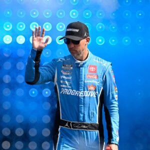 Sep 21, 2025; Loudon, New Hampshire, USA; NASCAR Cup Series driver Denny Hamlin (11) is introduced before the start of the Mobil 1 301 at New Hampshire Motor Speedway.