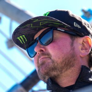 Oct 8, 2023; Concord, North Carolina, USA; dFormer NASCAR driver Kurt Busch on the flag stand as the honorary starter during the Bank of America Roval 400 at Charlotte Motor Speedway Road Course