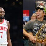 Kevin Durant (L) and Los Angeles Dodgers players celebrating their World Series Win (R)